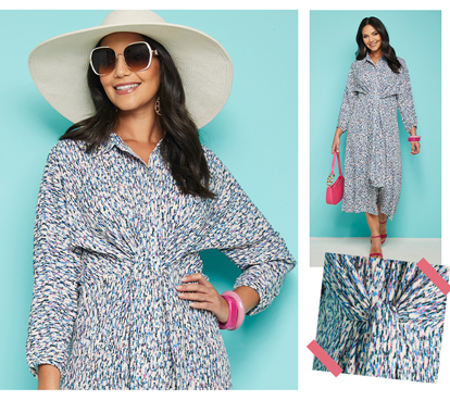 Three Quarter Sleeve Print Tie Front Dress